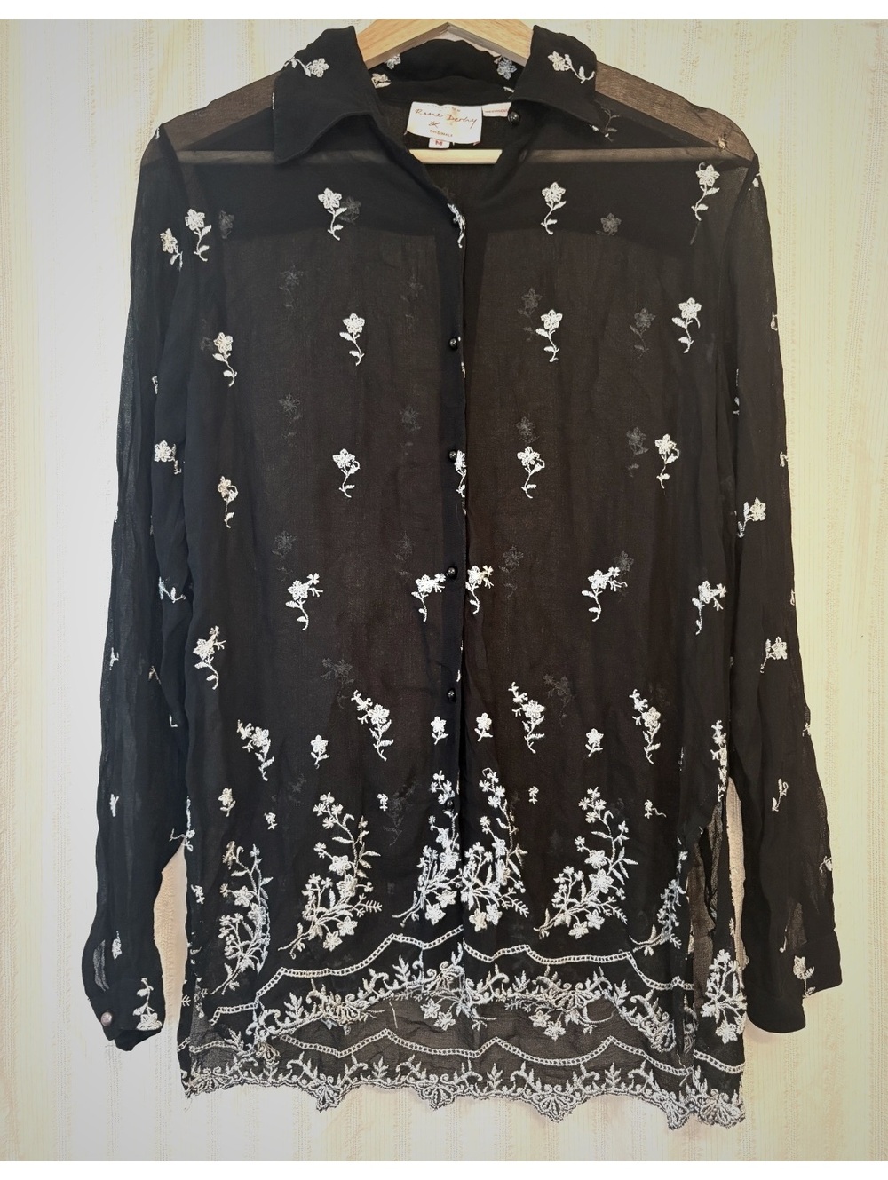 Vintage René Derhy Black Sheer Button-Up Blouse White Floral Embroidery Size M